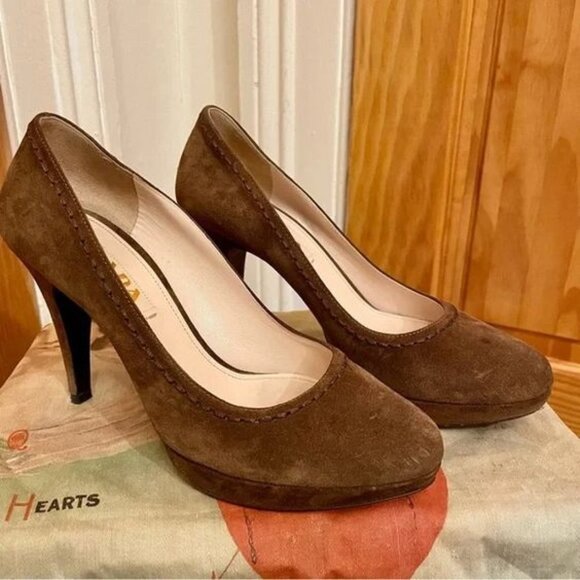 Prada Suede Brown Stitch Sigaro Heels - Picture 1 of 8